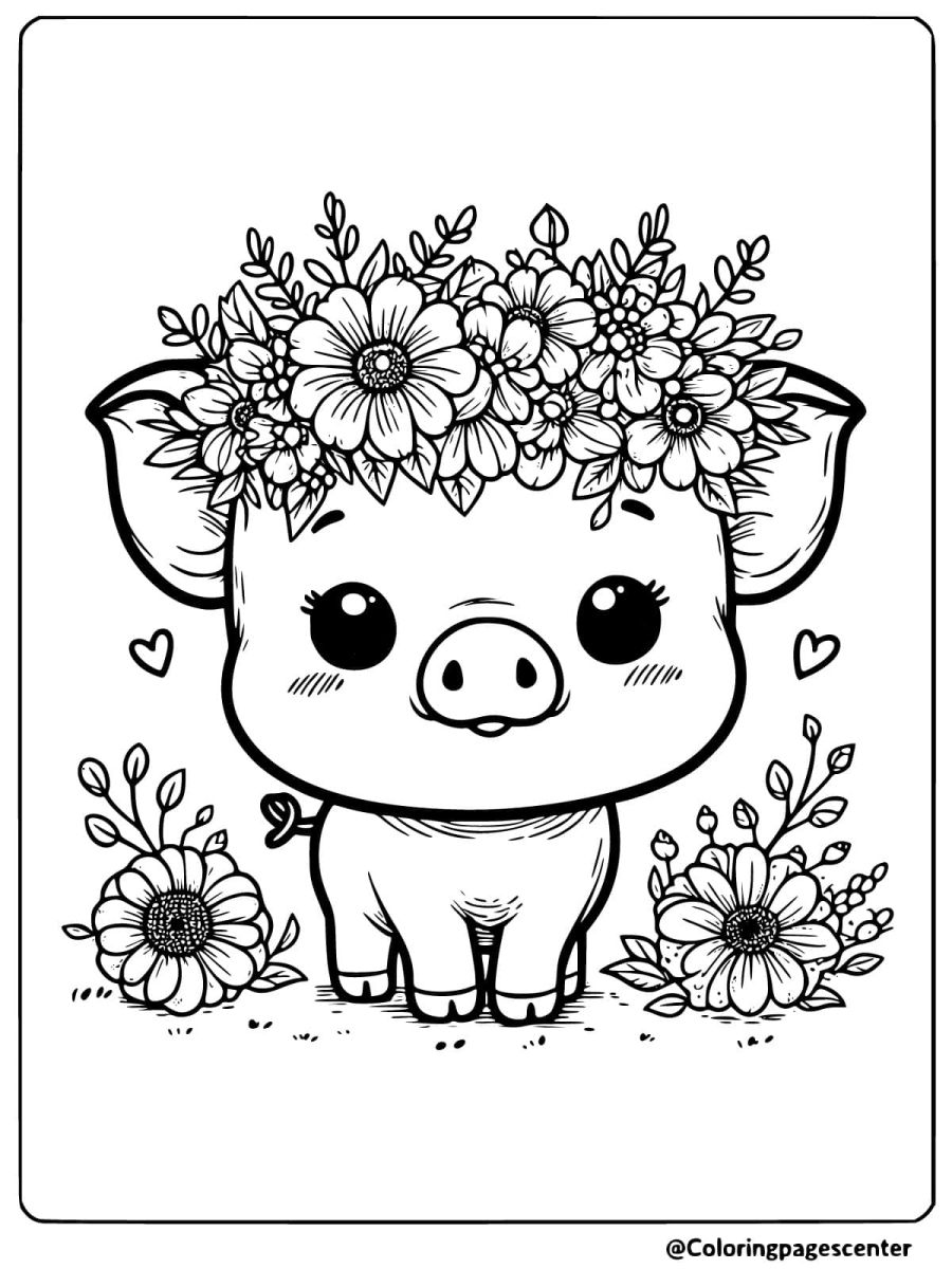 A pig wearing a flower crown in a field coloring page