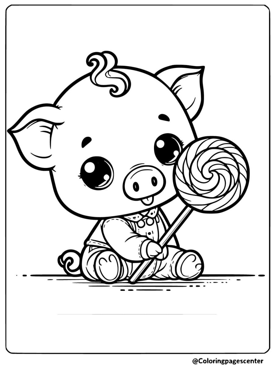 A pig holding a large lollipop while sitting coloring page