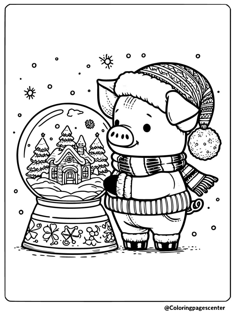 A pig holding a snow globe with a winter scene coloring page