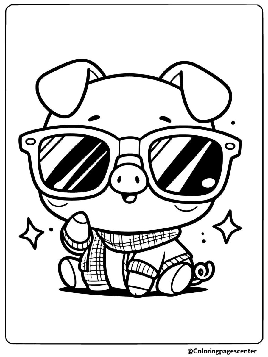 A pig wearing sunglasses and a scarf coloring page