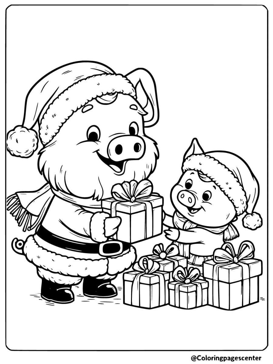 Two pigs dressed as Santa giving gifts coloring page