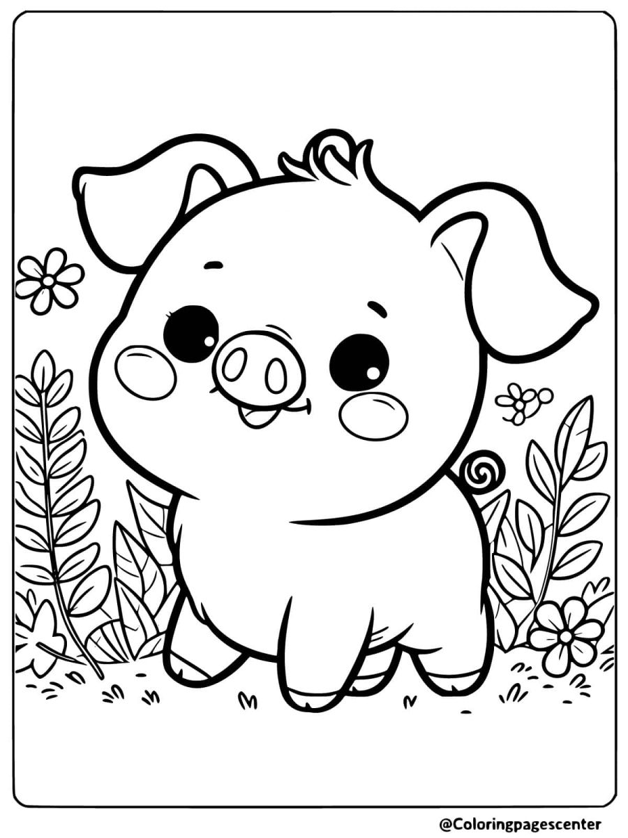 A smiling pig in a garden with plants coloring page