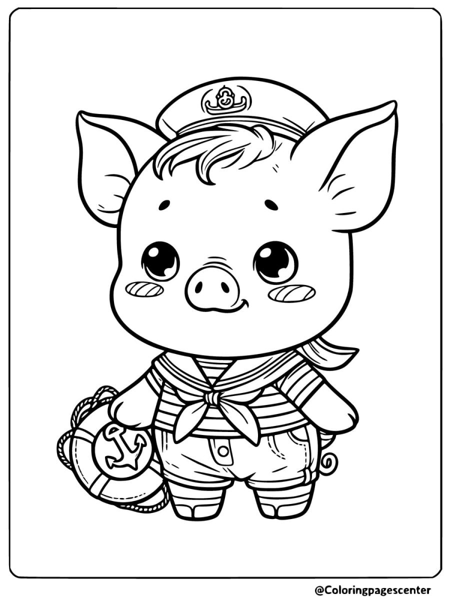 A pig dressed as a sailor holding a lifebuoy coloring page