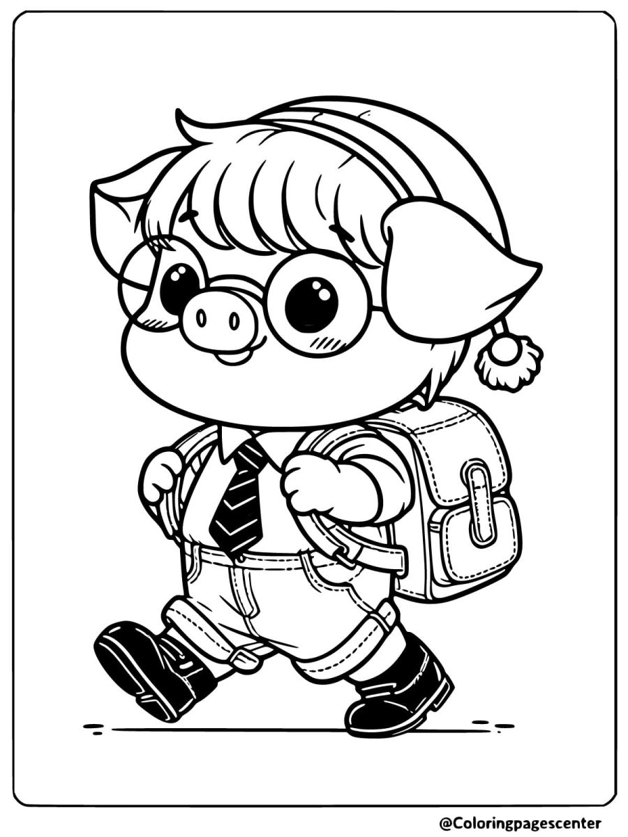 A pig with glasses and a backpack coloring page