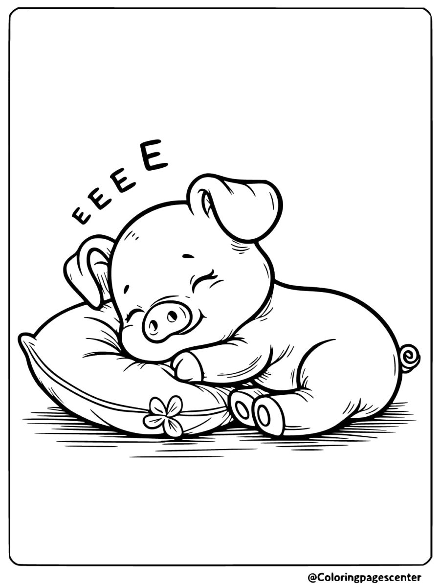 A pig peacefully sleeping on a pillow coloring page