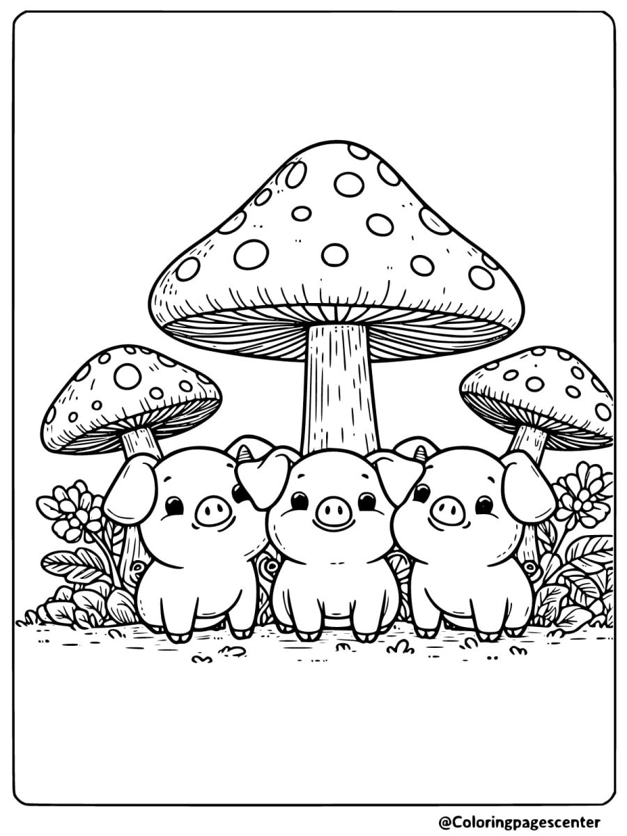 Three pigs sitting under large mushrooms coloring page