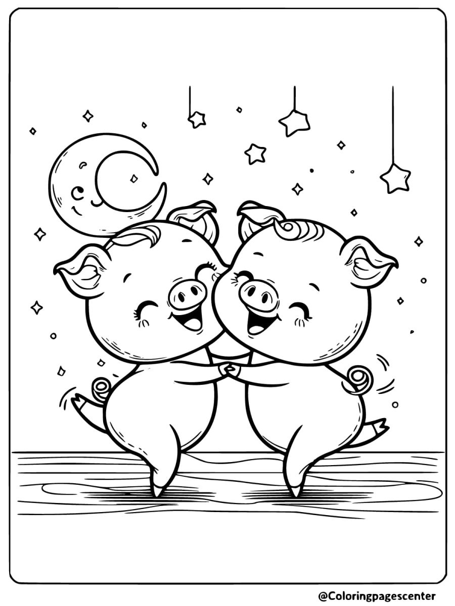 Two pigs dancing under the moon and stars coloring page