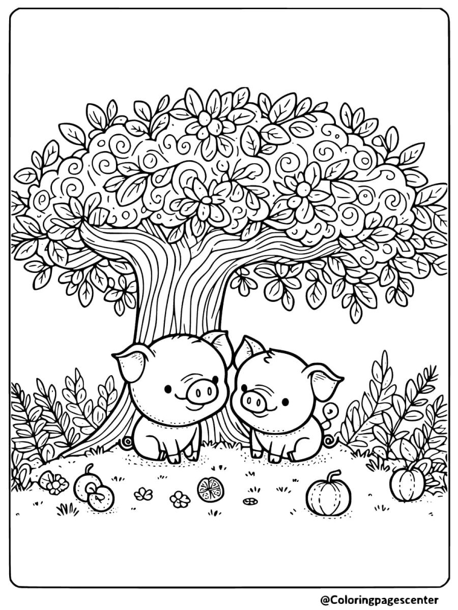 Two pigs sitting under a large tree coloring page