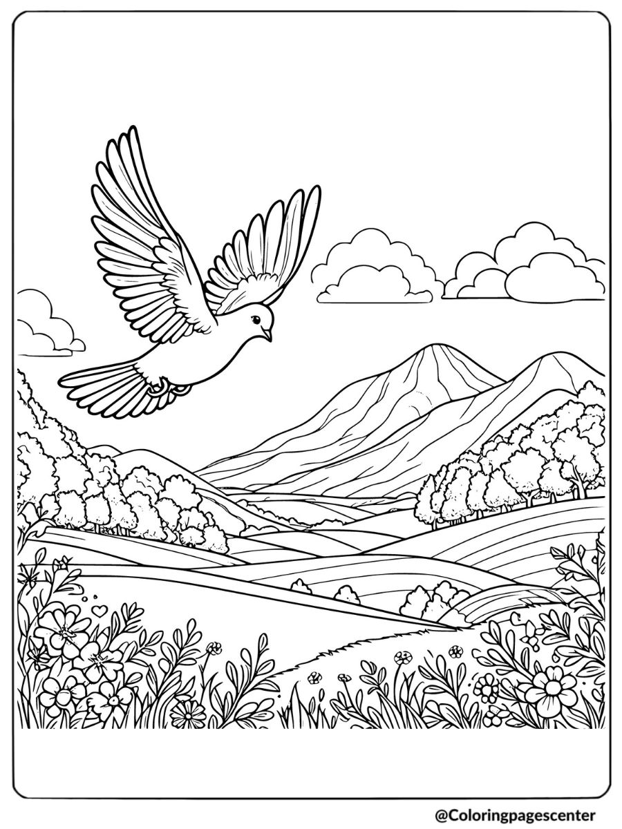 Pigeon flying over mountains and fields coloring page