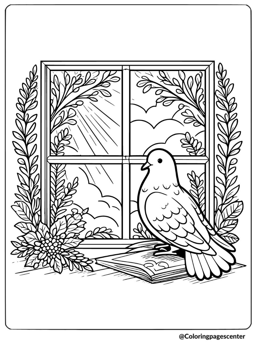 Pigeon by a window with sunlight and plants coloring page