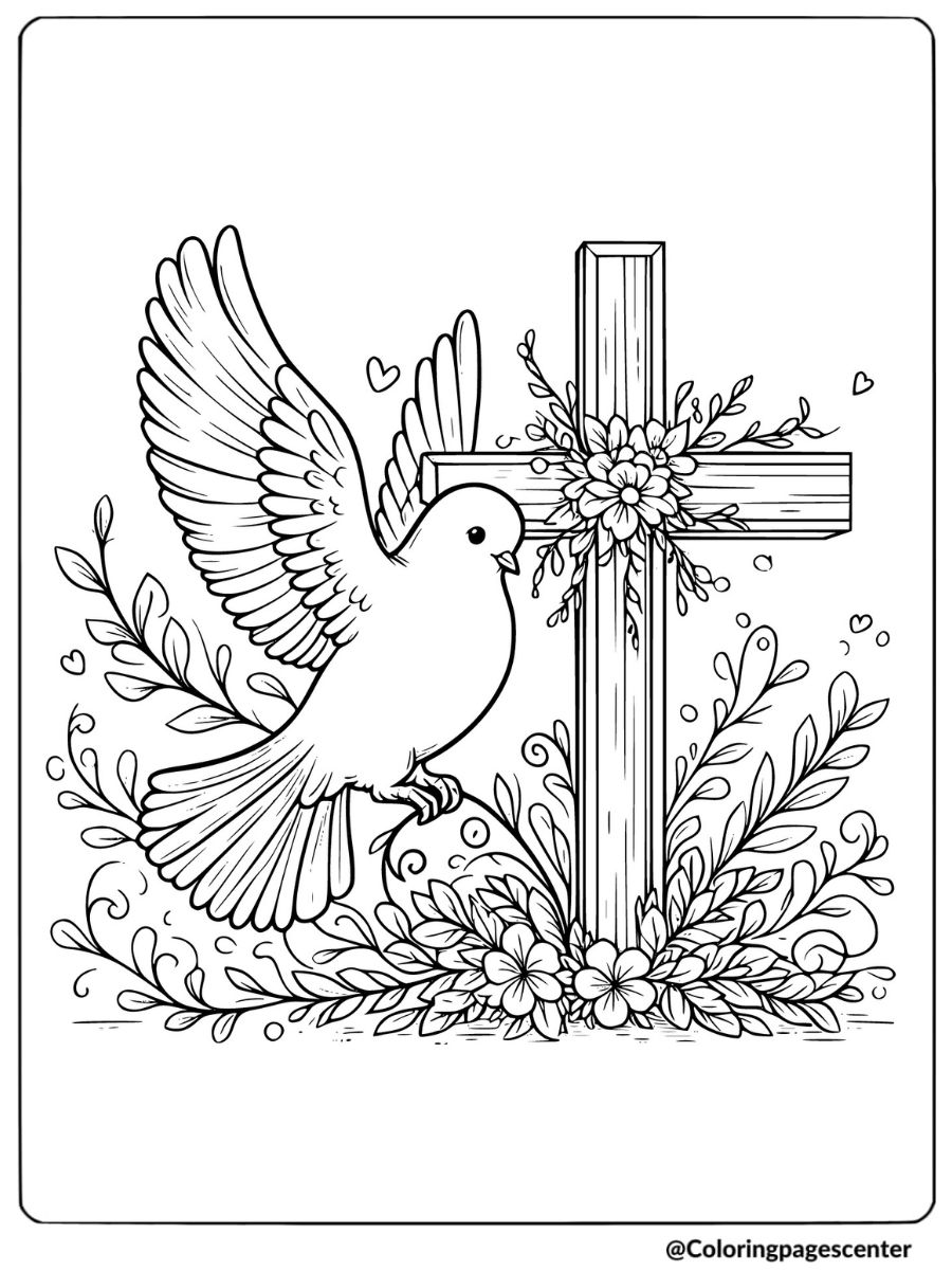 Pigeon with cross and floral decoration coloring page