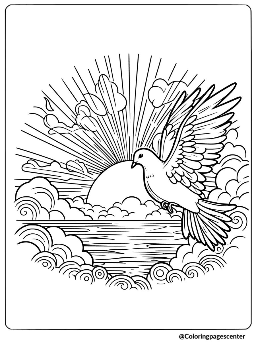 Pigeon flying through clouds with sunrise coloring page