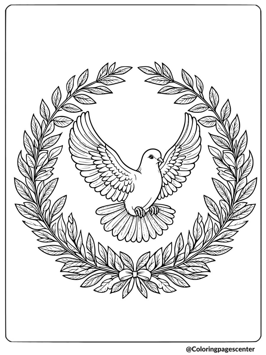 Pigeon surrounded by a decorative leaf wreath coloring page