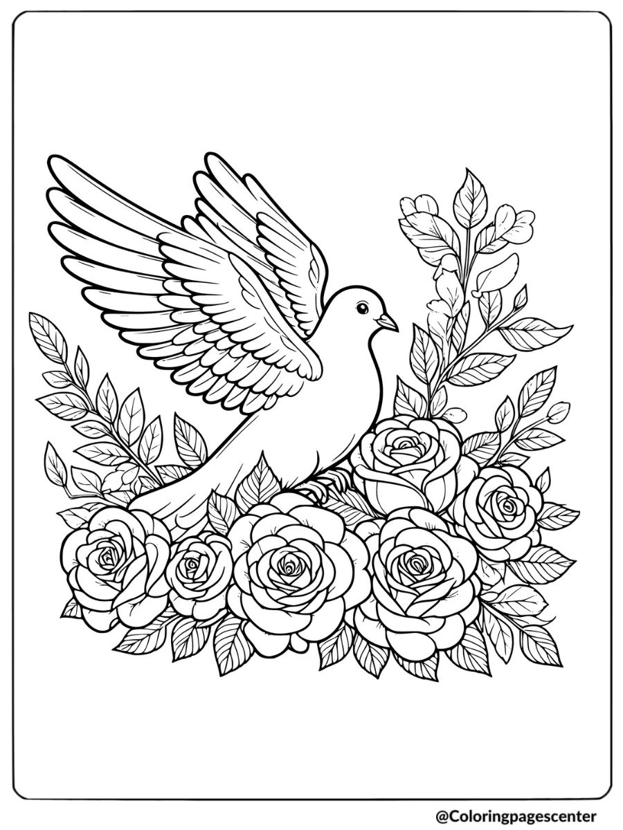 Pigeon among blooming roses and leaves coloring page