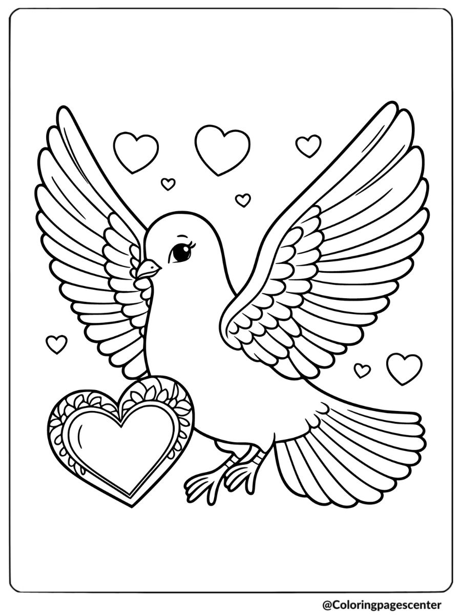 Pigeon holding a heart with love symbols coloring page