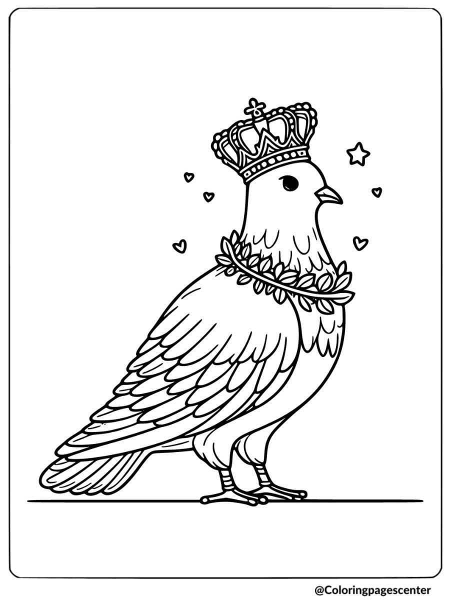 Pigeon wearing a crown and garland coloring page