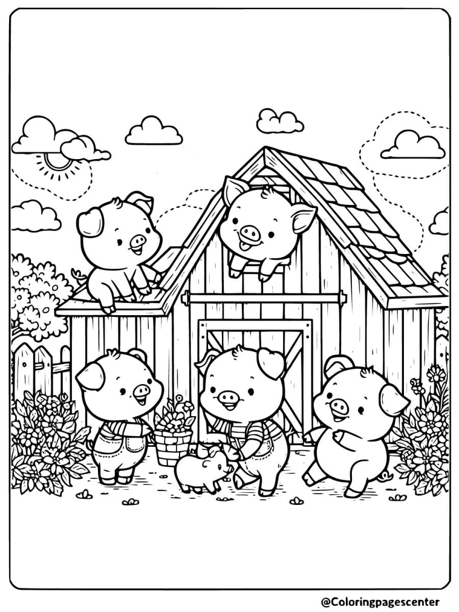 Happy pigs building and playing around a barn coloring page