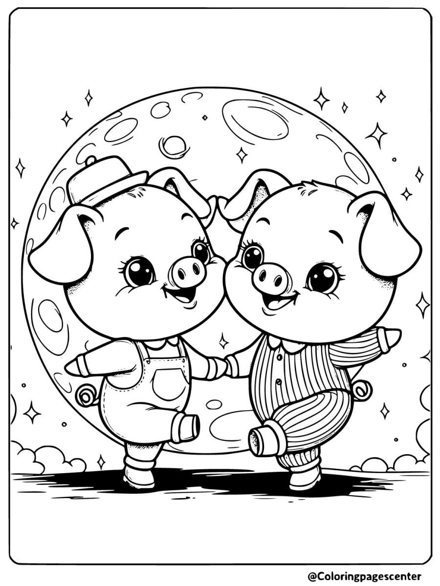 Dancing pigs under a full moon coloring page