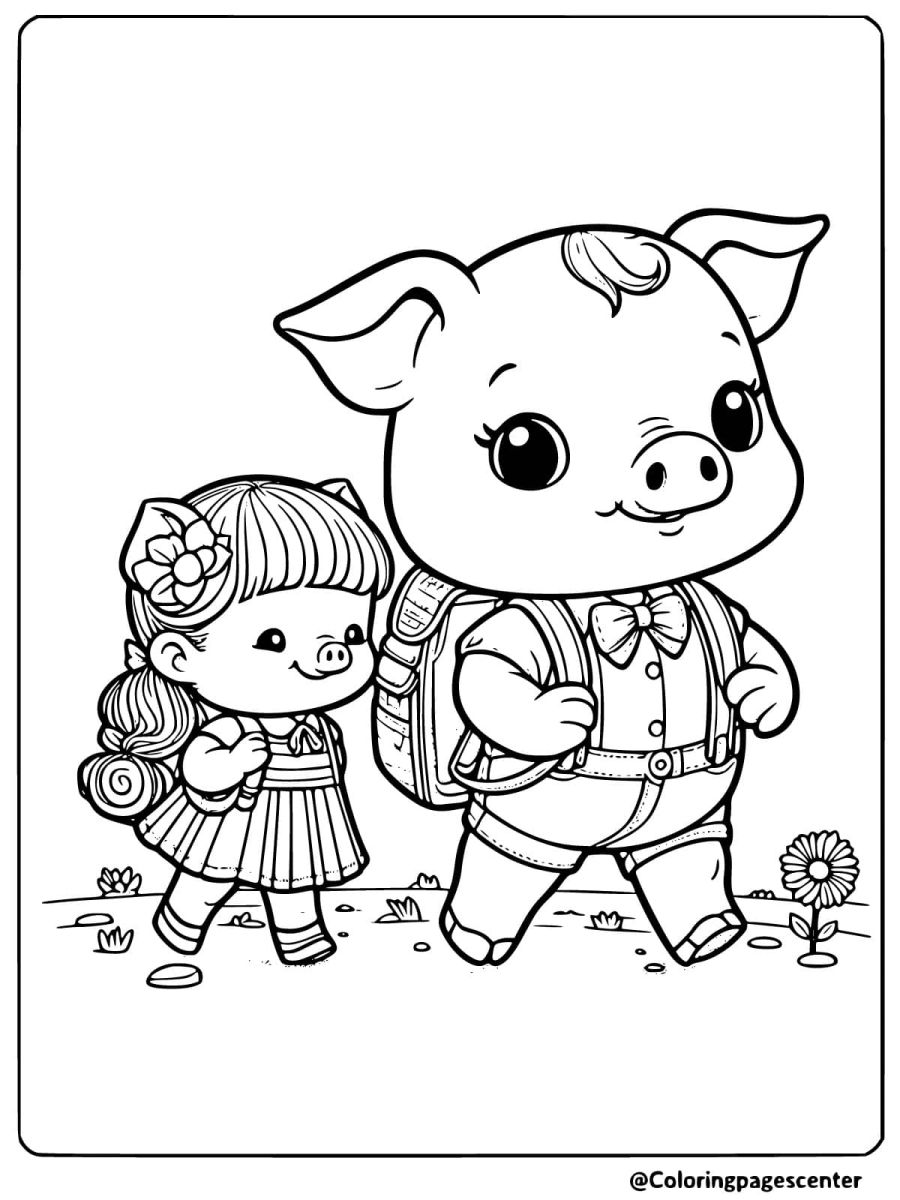 Pigs with backpacks walking to school coloring page