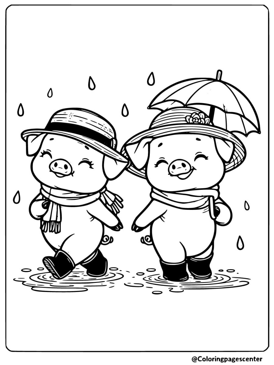 Pigs walking in the rain with umbrellas coloring page