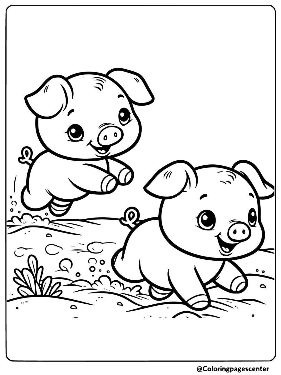 Two energetic pigs playing and jumping coloring page