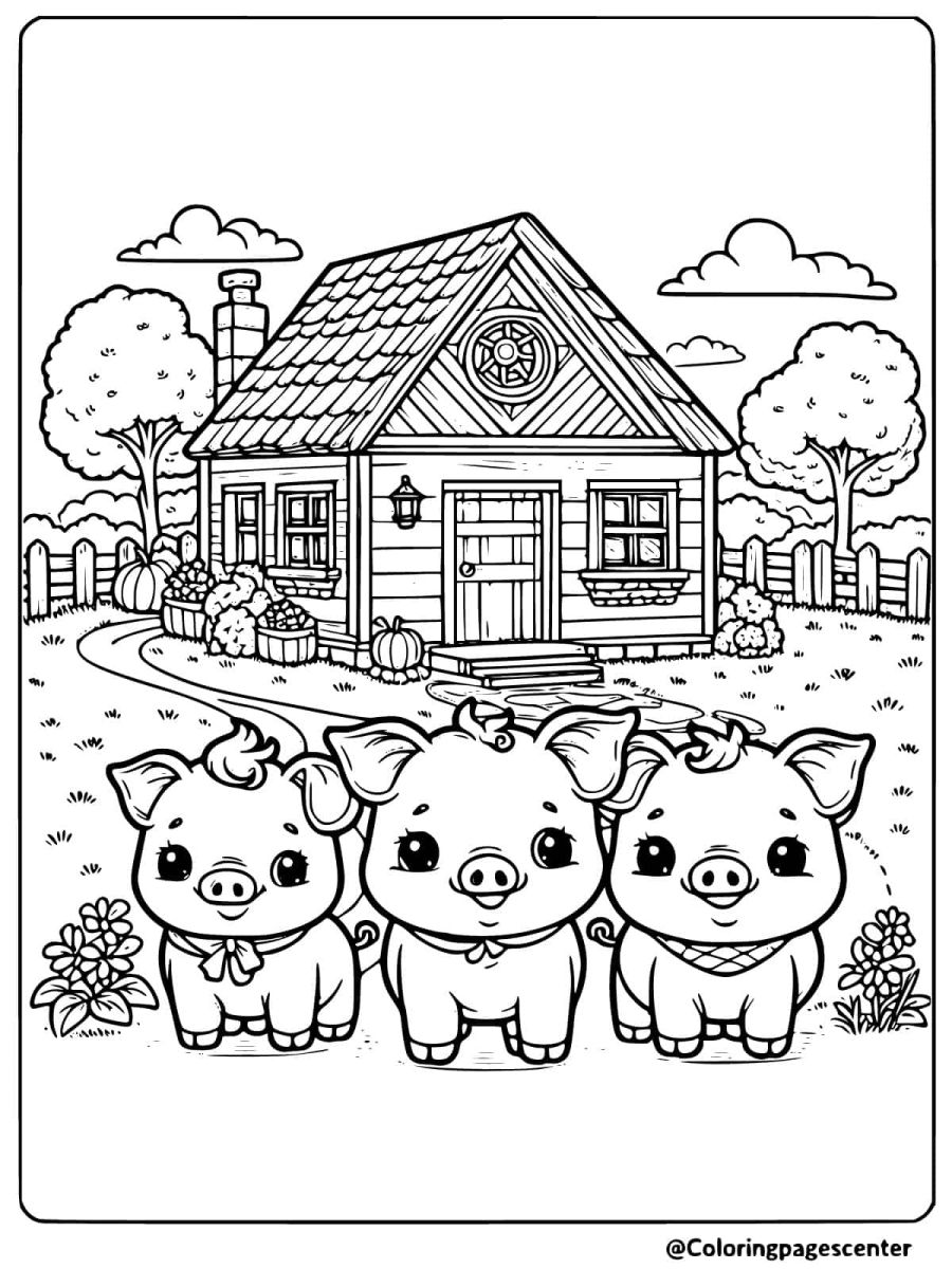 Three pigs standing by a house coloring page