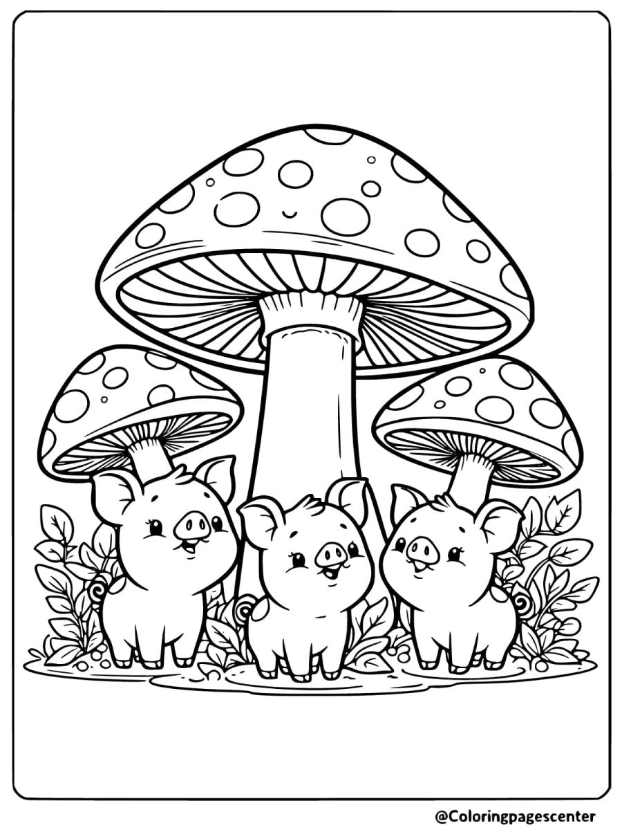 Pigs posing under mushrooms coloring page