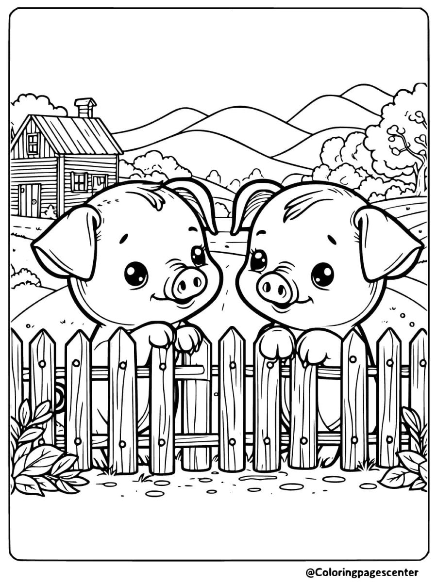 Cute pigs peeking over a fence coloring page