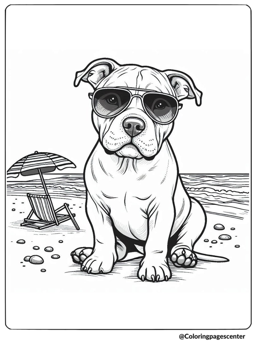 Pitbull with sunglasses at beach coloring page