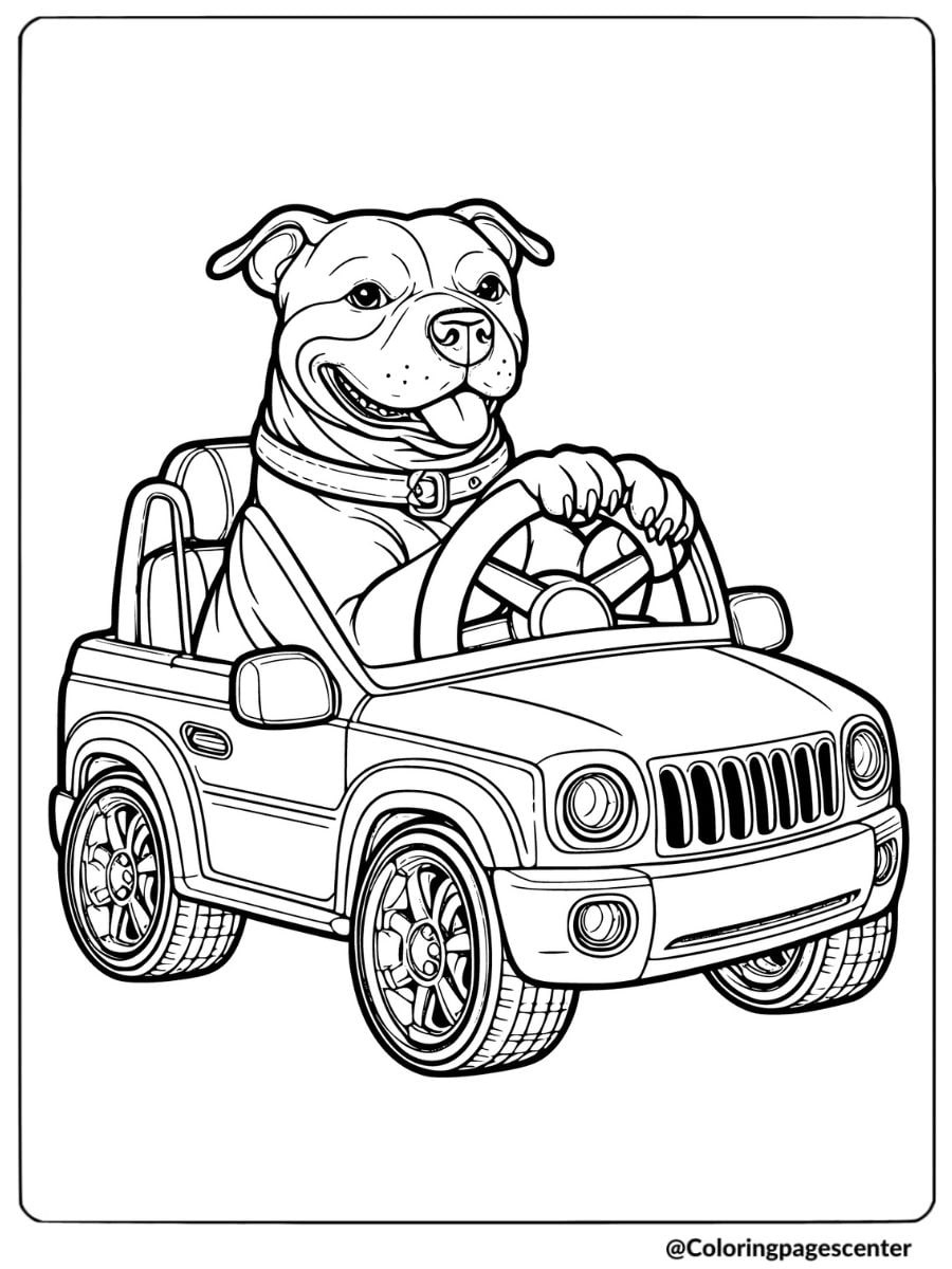 Pitbull behind the wheel of a toy car coloring page