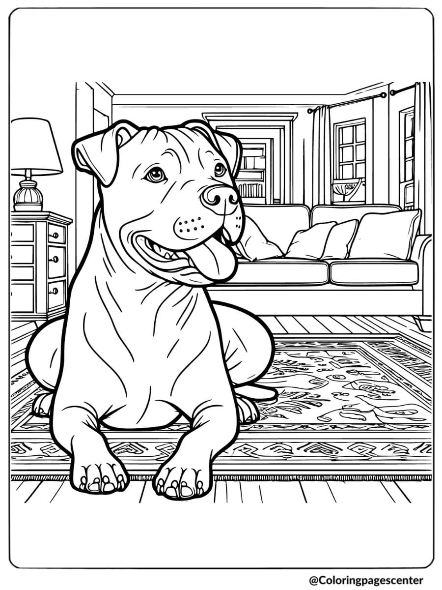 Pitbull on a rug in a living room coloring page