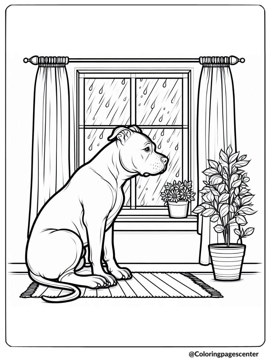 Pitbull looking out rainy window coloring page