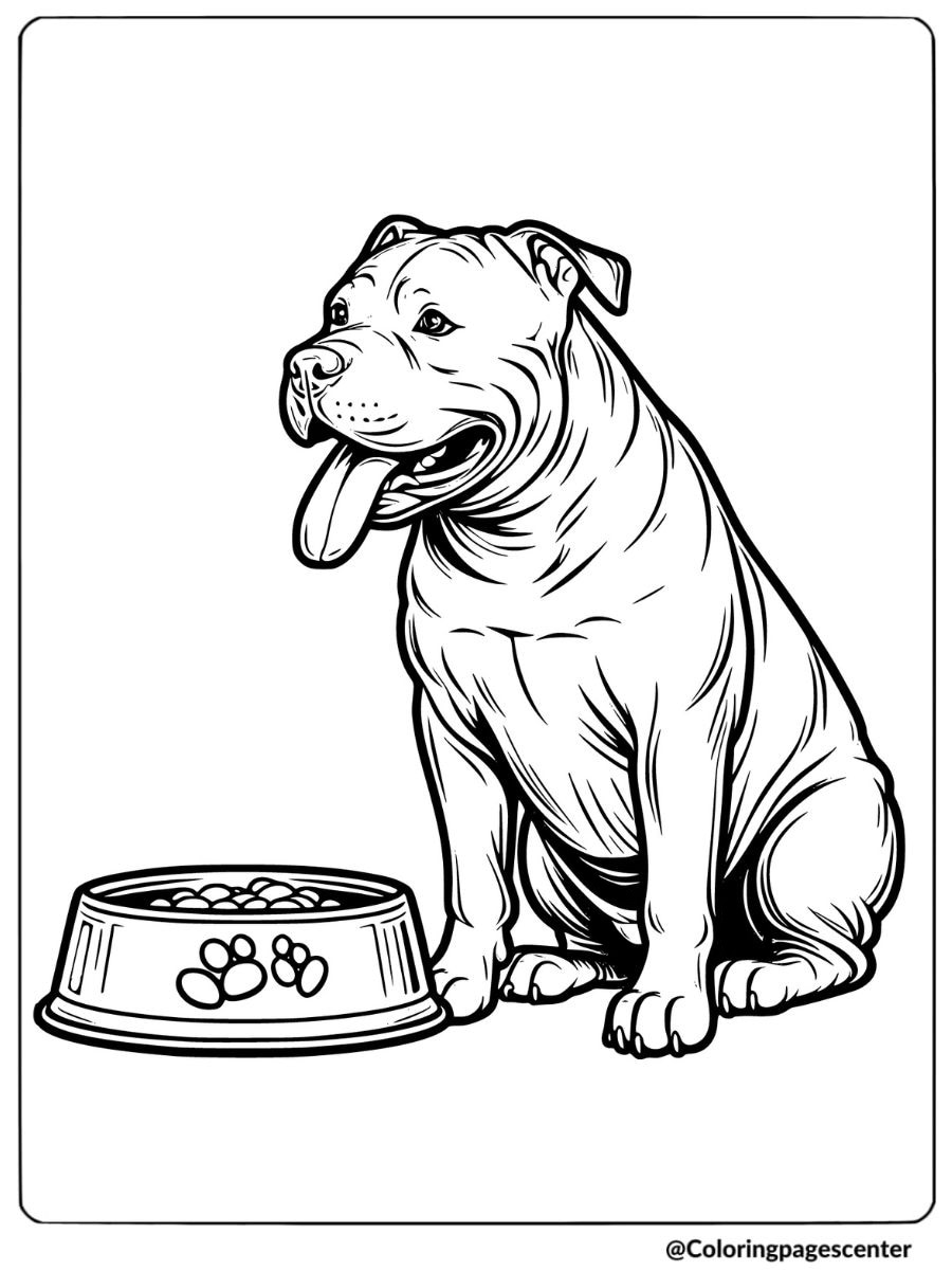 Pitbull sitting with a food bowl coloring page