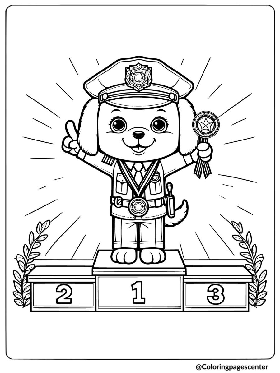 Police dog on podium holding award coloring page