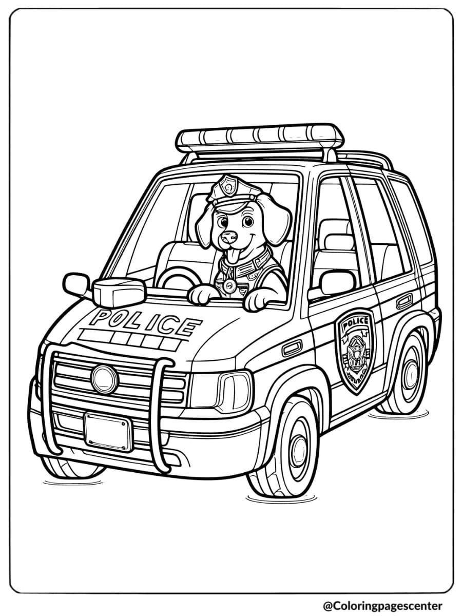 Police dog driving a patrol car coloring sheet