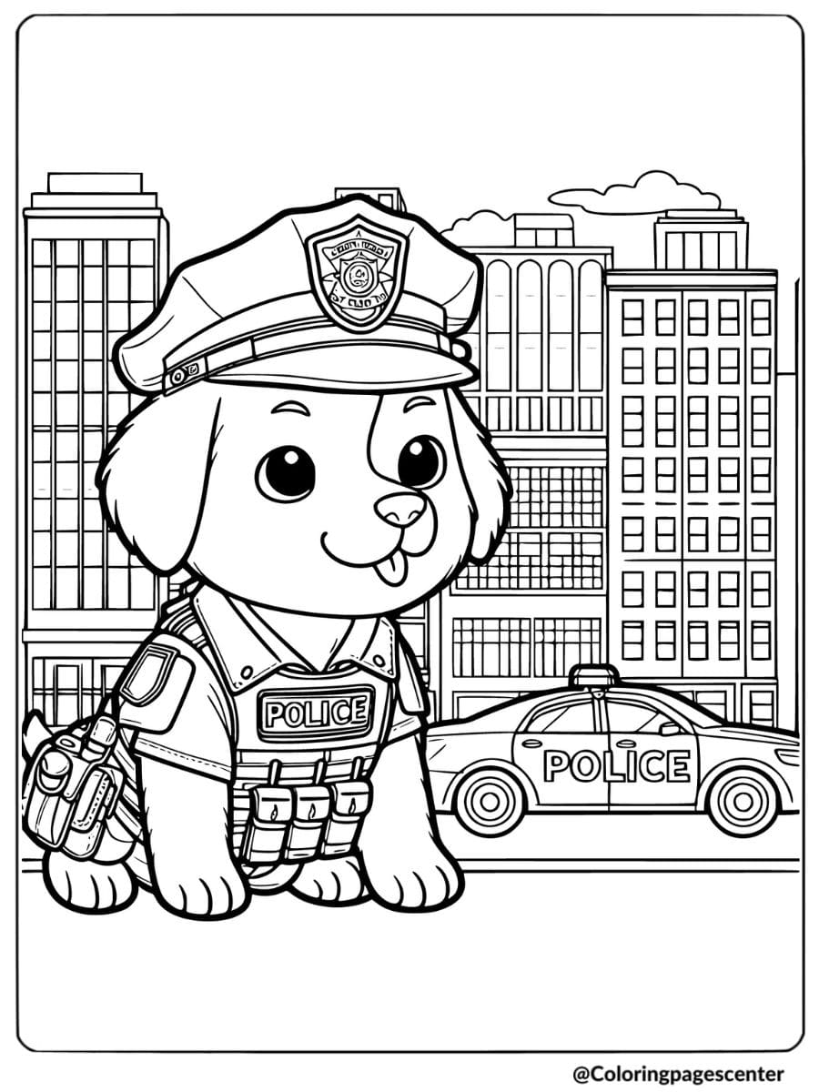 Police dog in city with patrol car coloring page