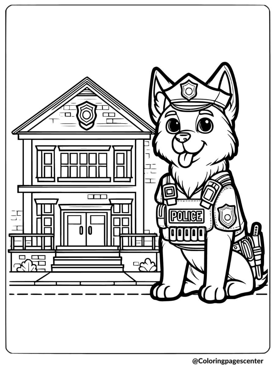 Police dog sitting in front of station coloring page