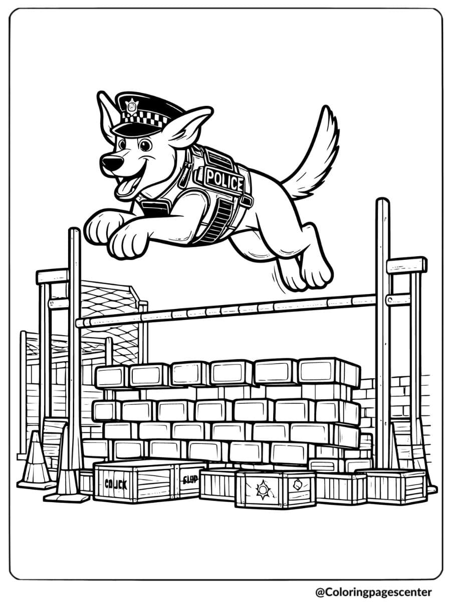 Police dog jumping over obstacle coloring page