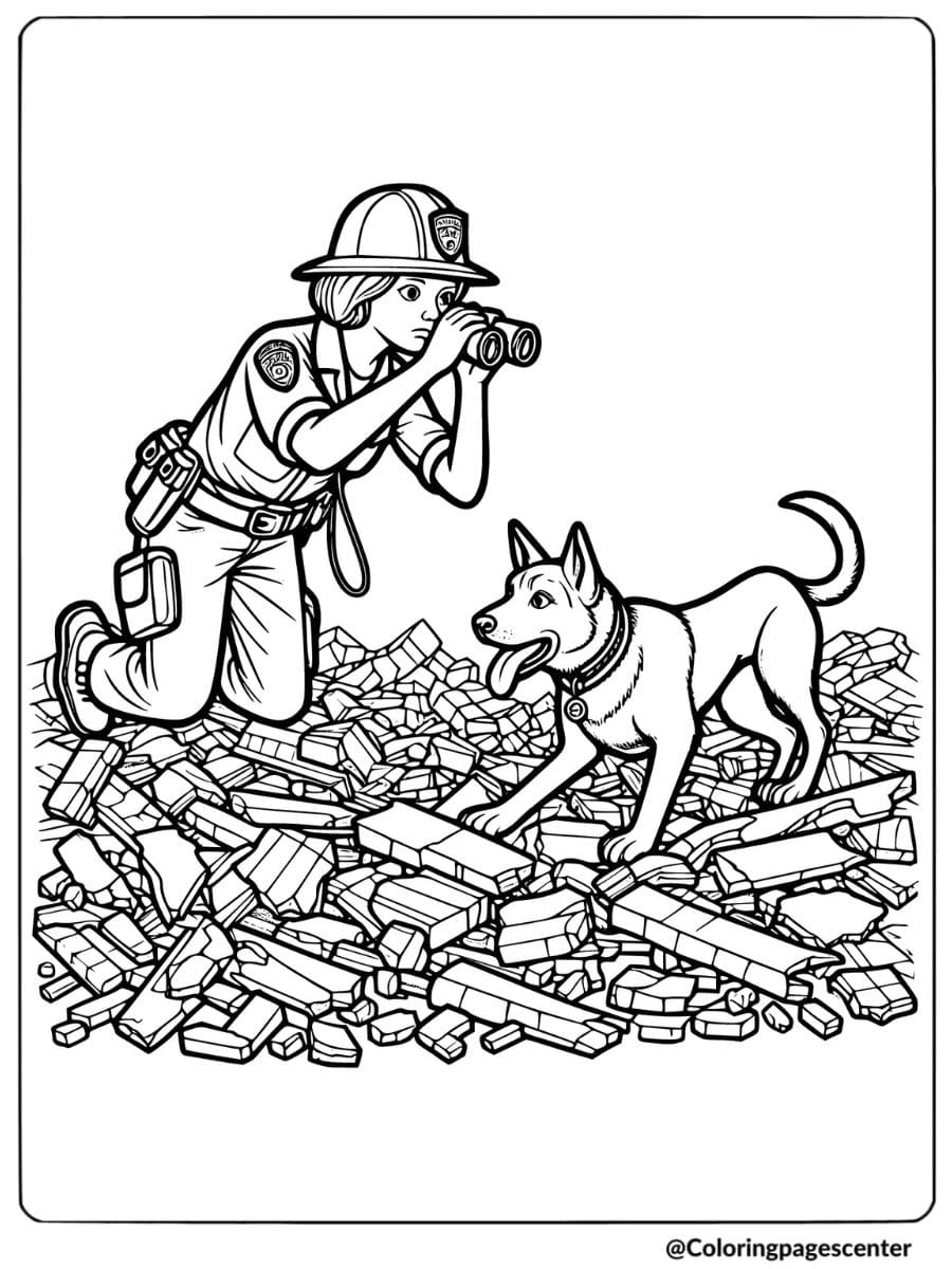 Police rescue dog searching debris coloring page