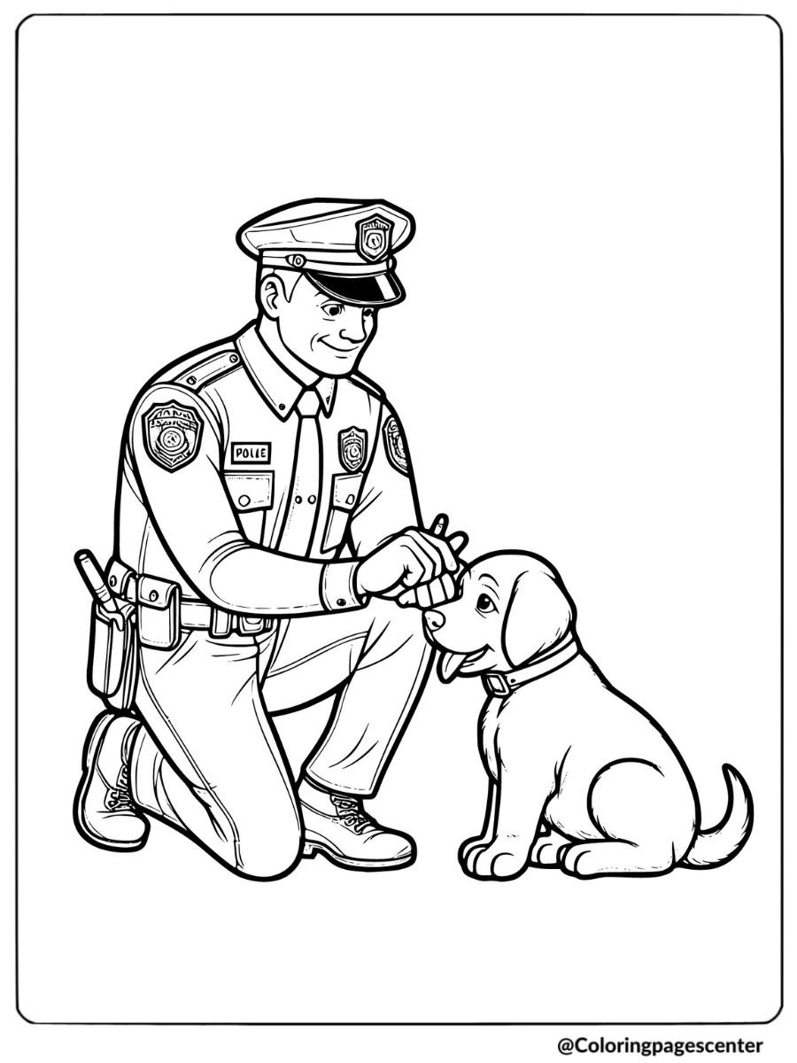 Police officer and dog training coloring page