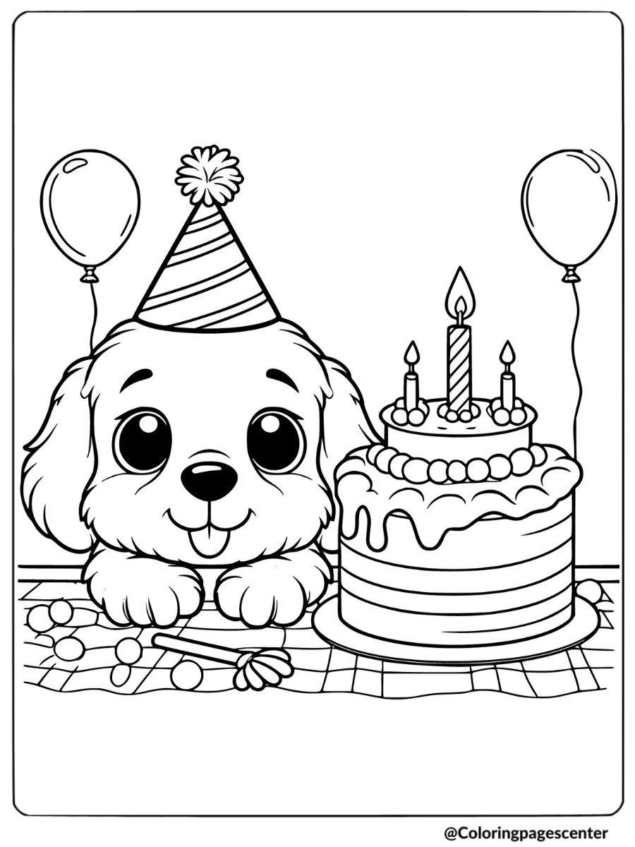 Puppy celebrating with cake and balloons coloring page