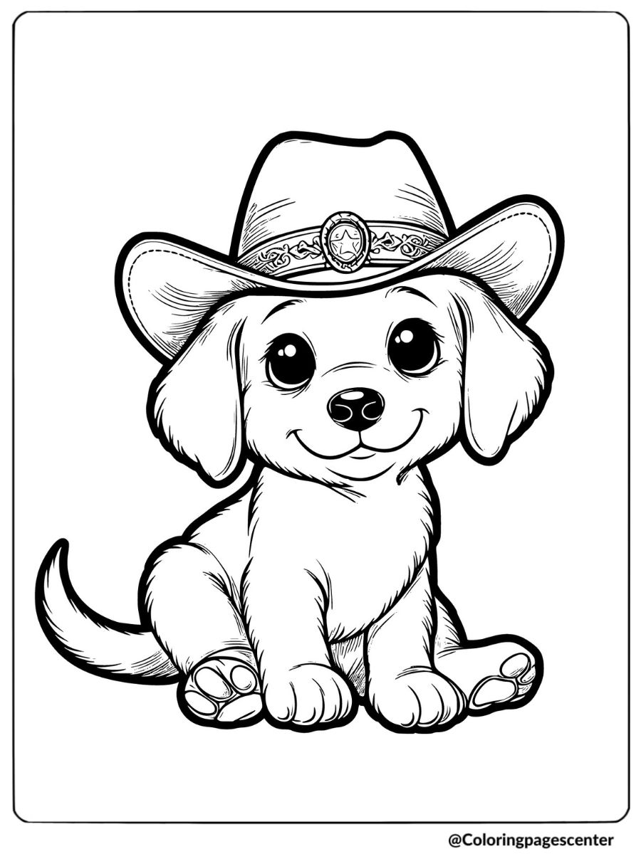 Puppy wearing a cowboy hat smiling coloring page