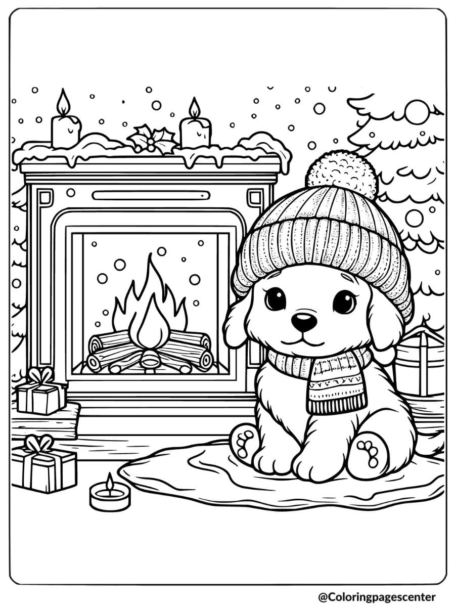 Puppy in winter gear by the fireplace coloring page