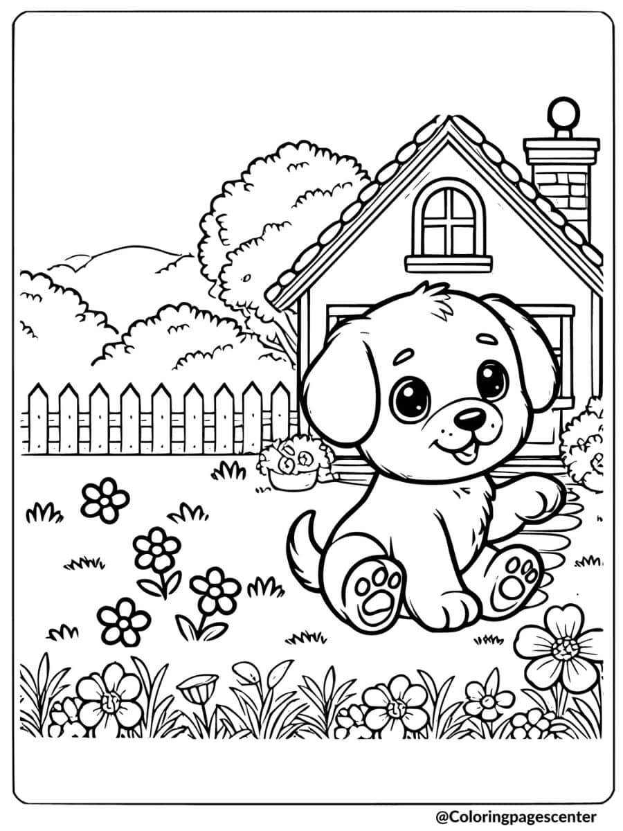 Happy puppy sitting in a colorful garden with flowers coloring page