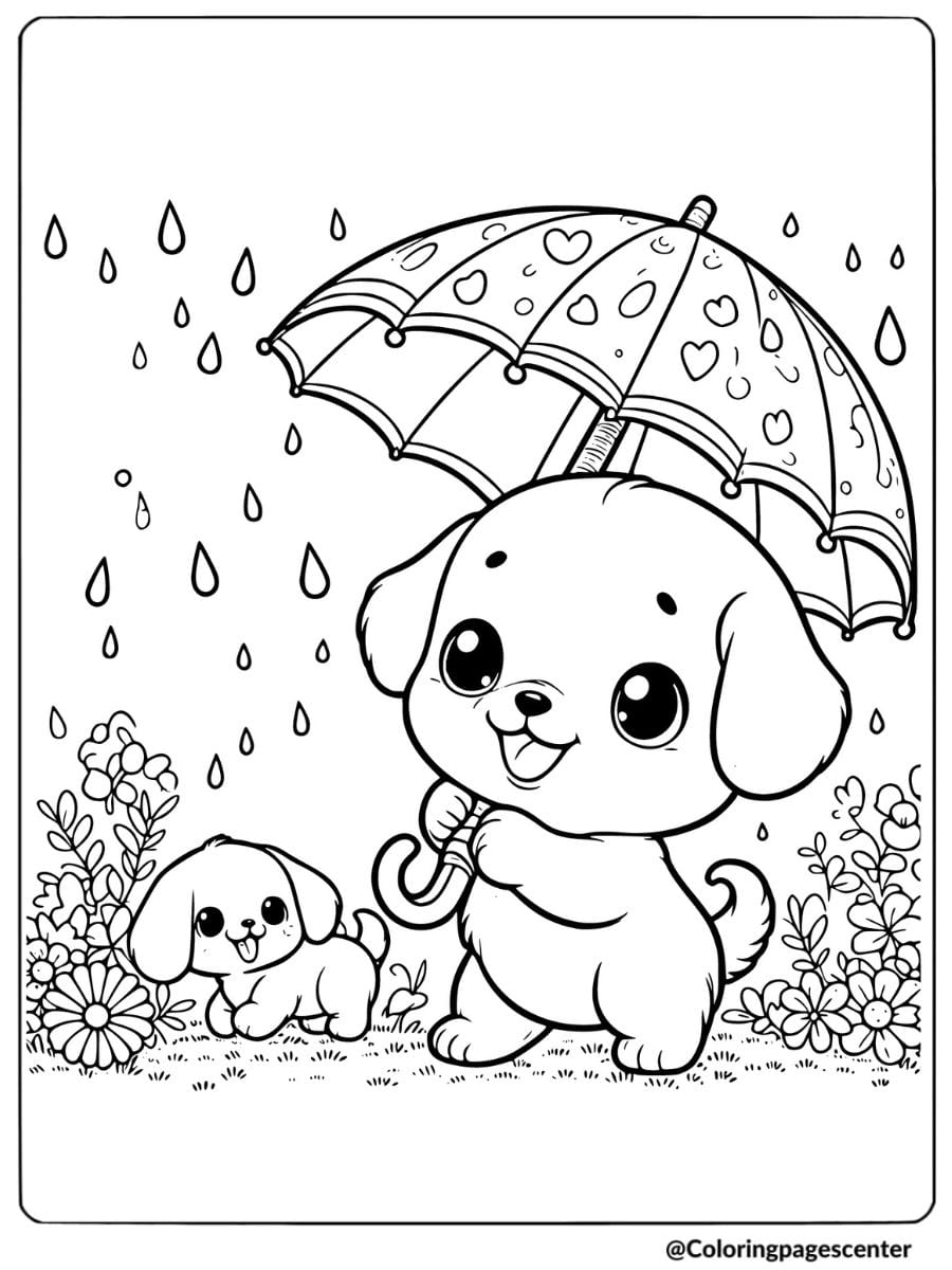 Two puppies with umbrella in the rain coloring page