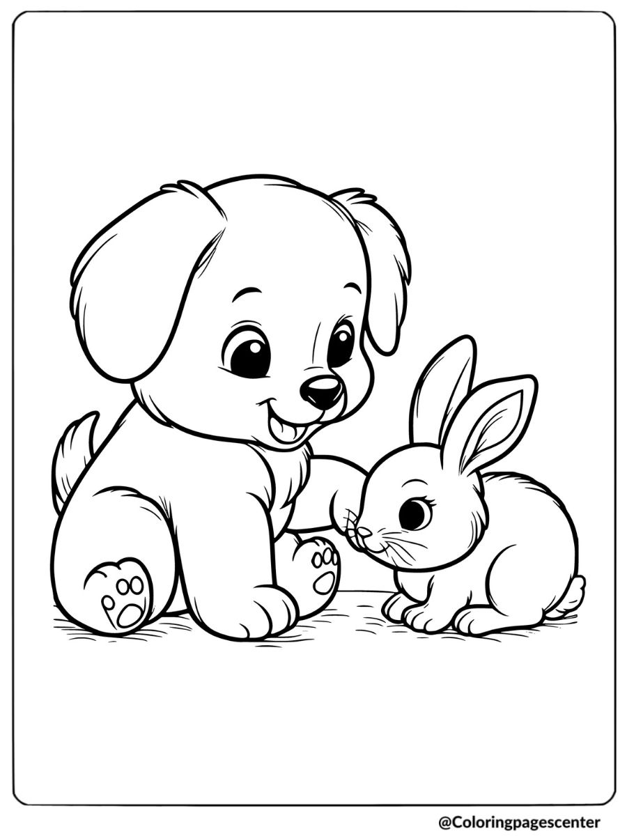 Cute puppy playing with a bunny coloring page