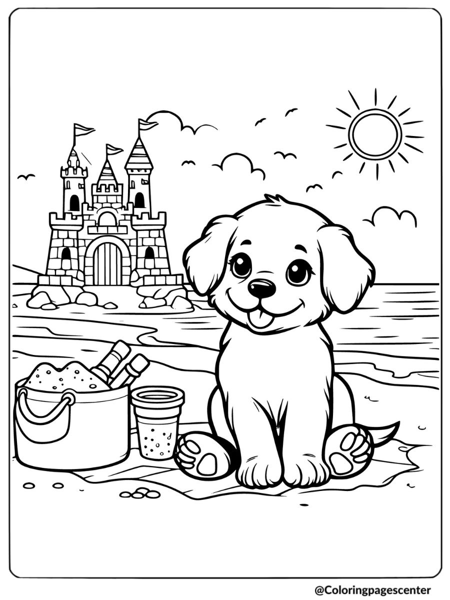 Puppy sitting at the beach with a sandcastle coloring page