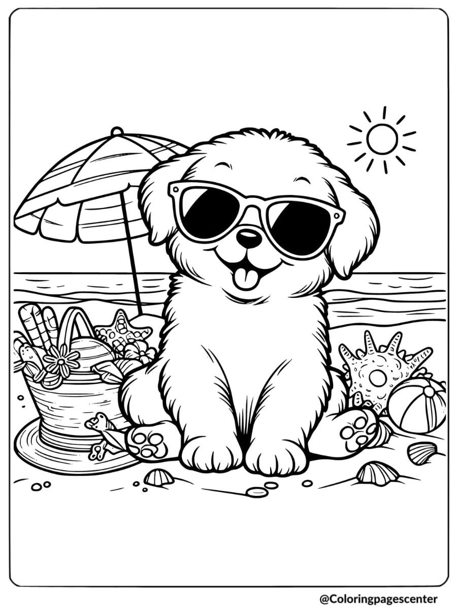 Puppy sitting on the beach with sunglasses coloring page