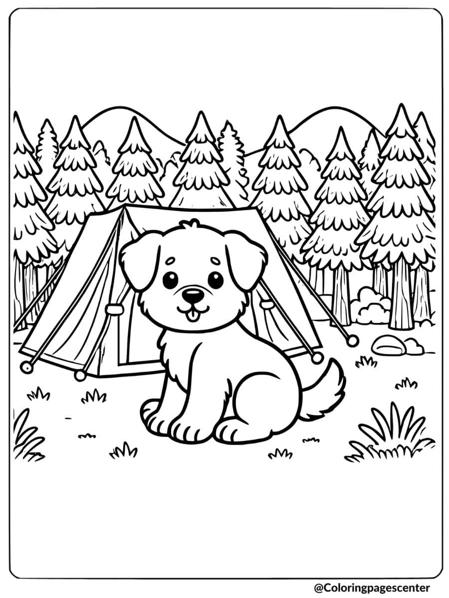 Adorable puppy in front of a tent in the forest coloring page