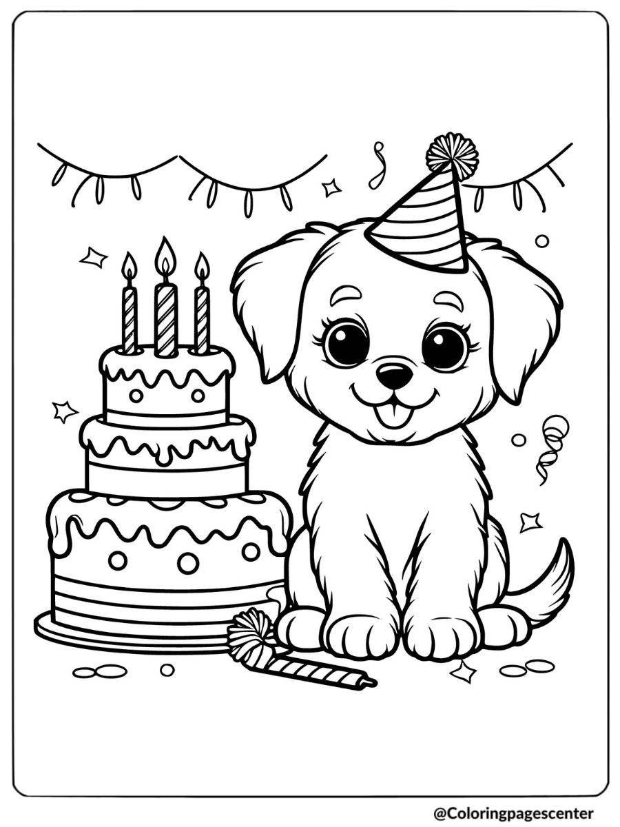 Puppy celebrating birthday with cake and balloons coloring page